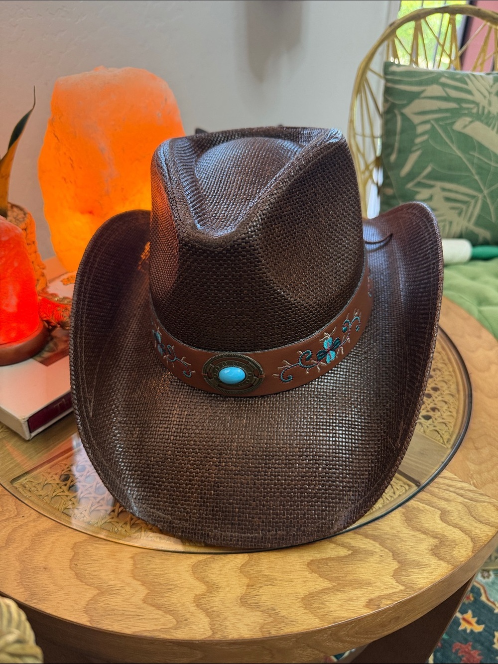 YUMI Brown Western Cowboy Hat Turquoise Embroidered NWT - Picture 2 of 12